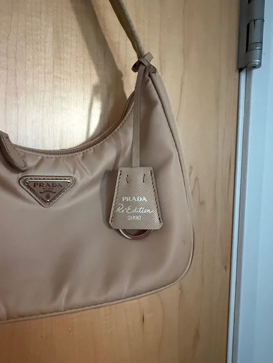 Prada Neutral Beige Nylon Shoulder Bag with Logo Tag - Picture 2 of 6